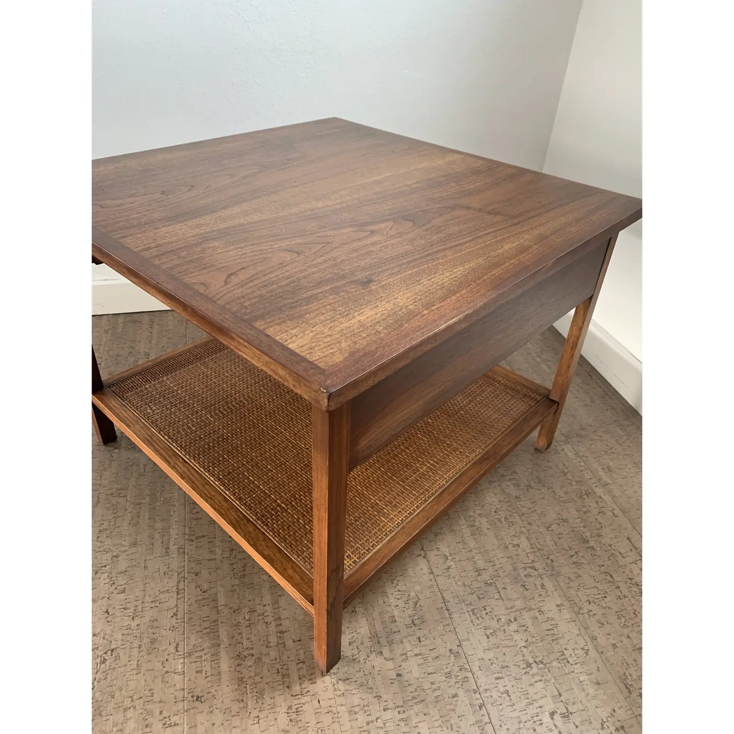 Mid 20th Century Walnut Side Table With Woven Cane Shelf