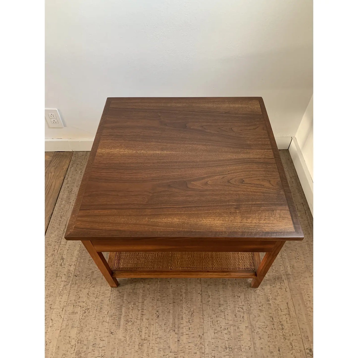 Mid 20th Century Walnut Side Table With Woven Cane Shelf