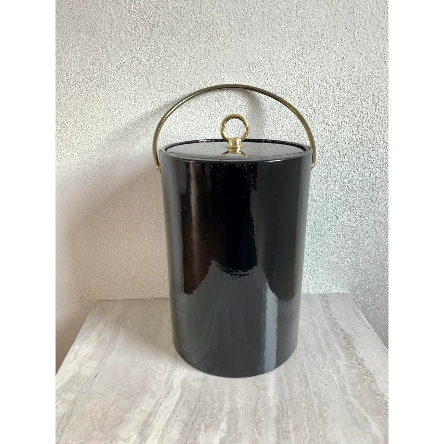 Mid-Century Modern Black Vinyl & Brass Standing Ice Champagne Bucket