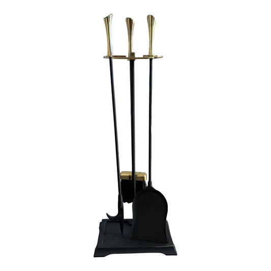 Mid Century Modern Brass and Black Fireplace Tool Set