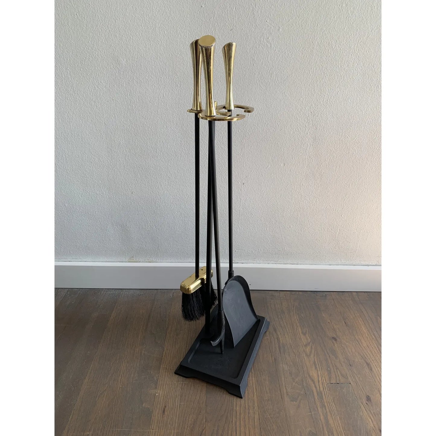 Mid Century Modern Brass and Black Fireplace Tool Set