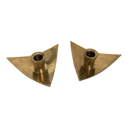 Mid-Century Modern Brass Triangle Boat Form Candle Holders