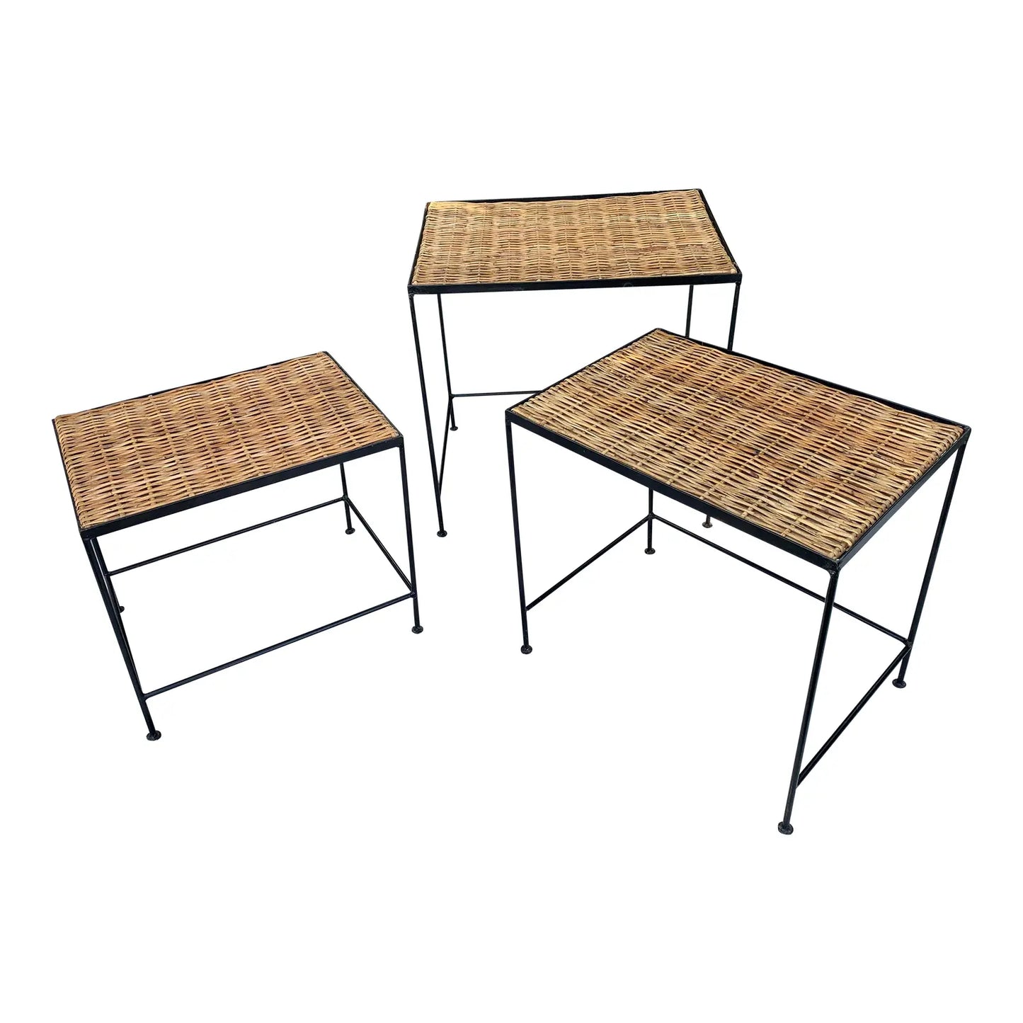 Mid-Century Modern California Style Cane and Iron Nesting Tables - 3 Pieces