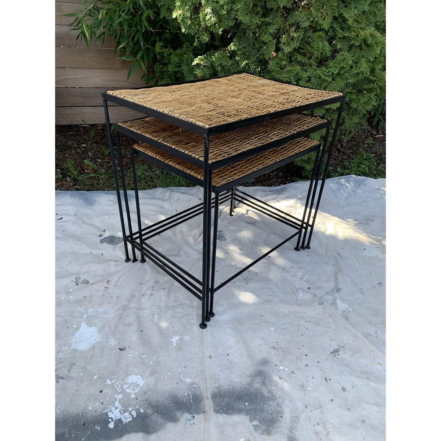 Mid-Century Modern California Style Cane and Iron Nesting Tables - 3 Pieces