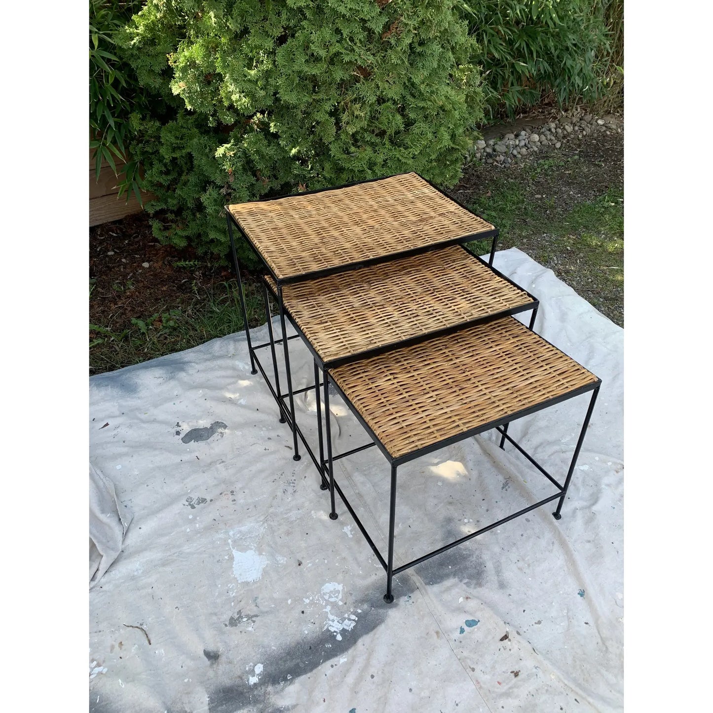 Mid-Century Modern California Style Cane and Iron Nesting Tables - 3 Pieces