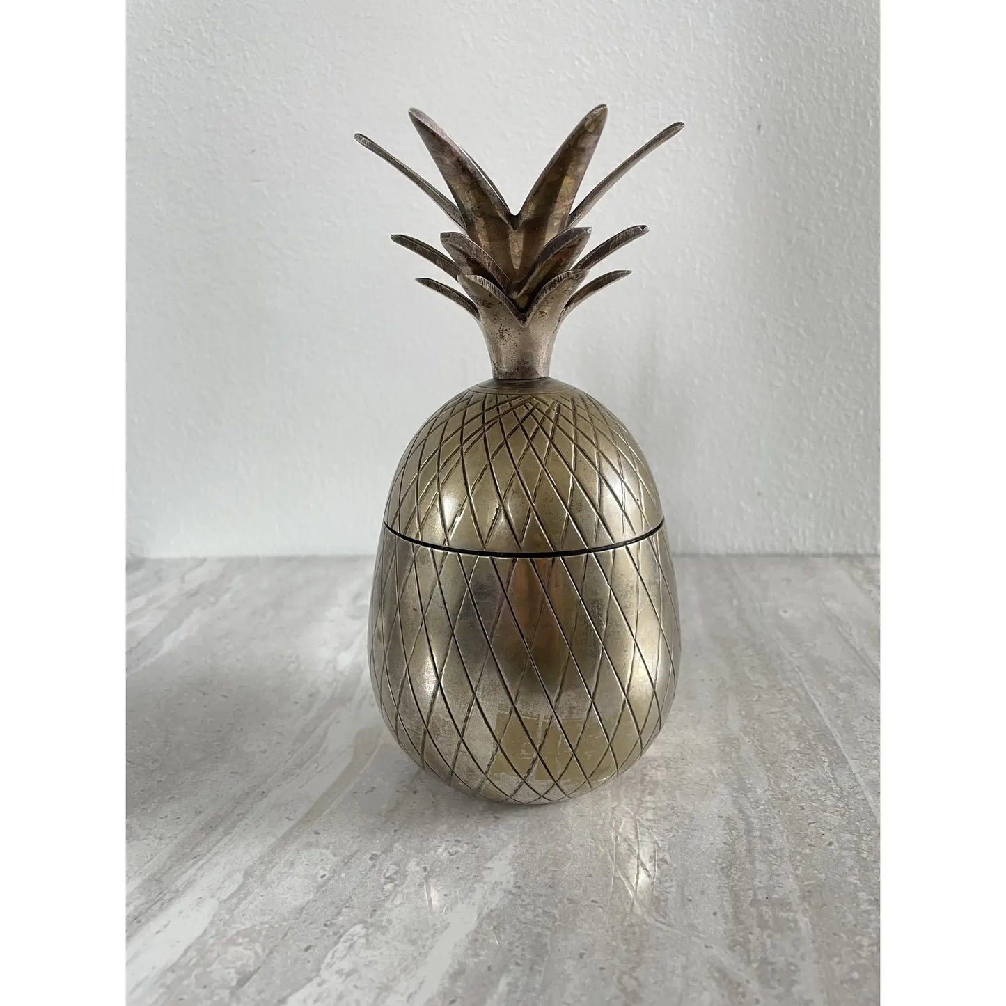 Mid-Century Modern Heavy Brass Metal Pineapple Container Sculpture