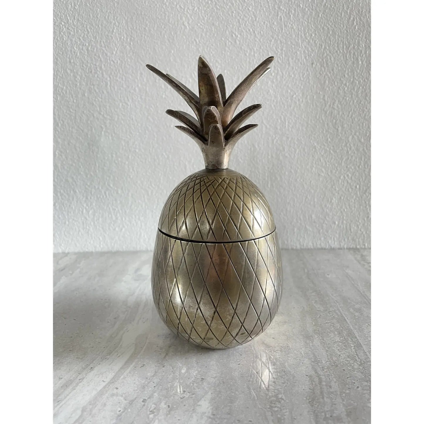 Mid-Century Modern Heavy Brass Metal Pineapple Container Sculpture