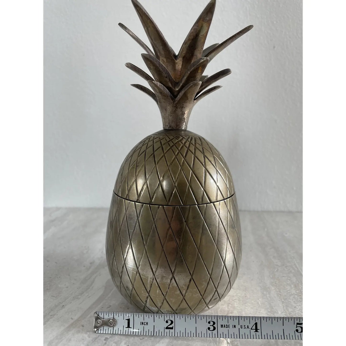 Mid-Century Modern Heavy Brass Metal Pineapple Container Sculpture
