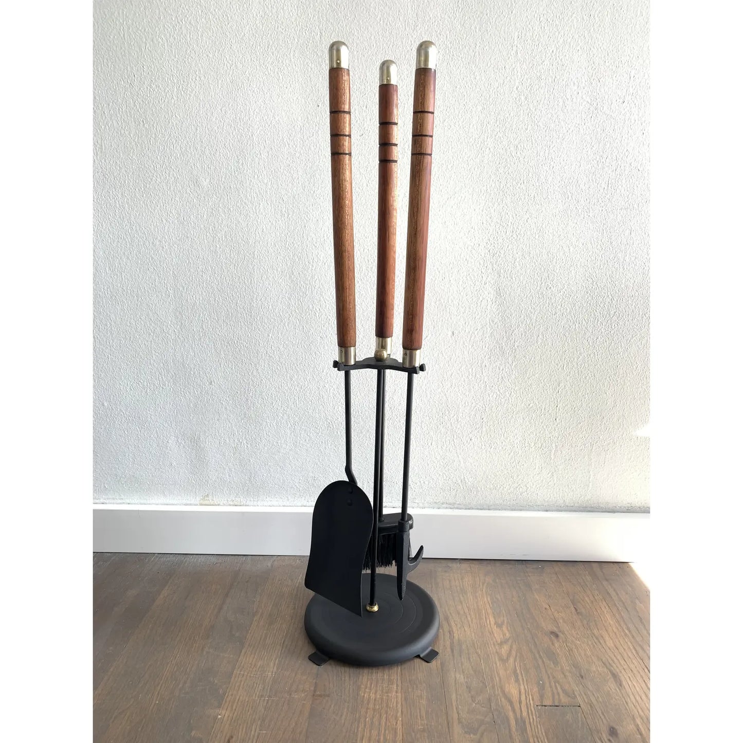 Mid-Century Modern Long Teak and Brass Handled Fireplace Tool Set - 4 Pieces