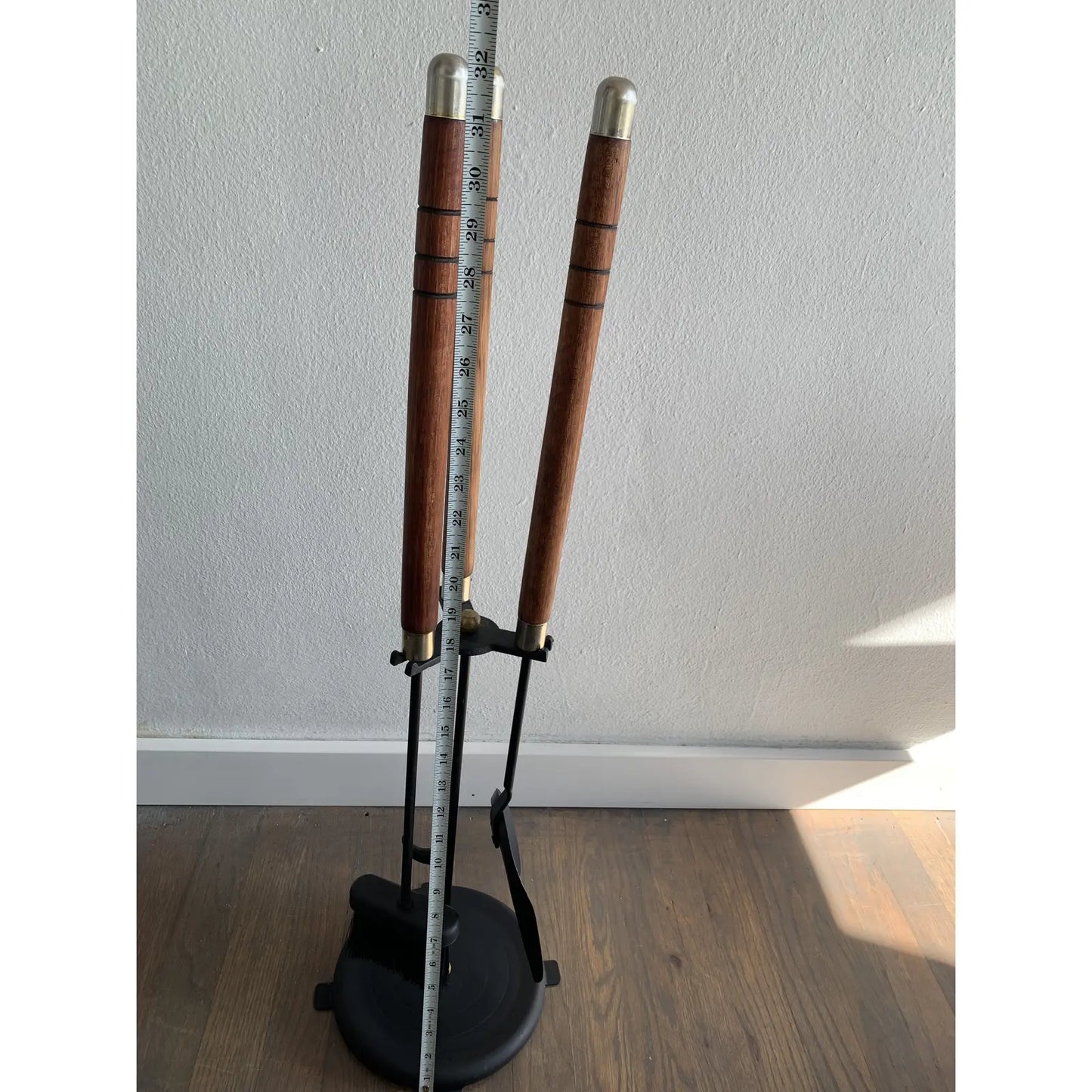 Mid-Century Modern Long Teak and Brass Handled Fireplace Tool Set - 4 Pieces