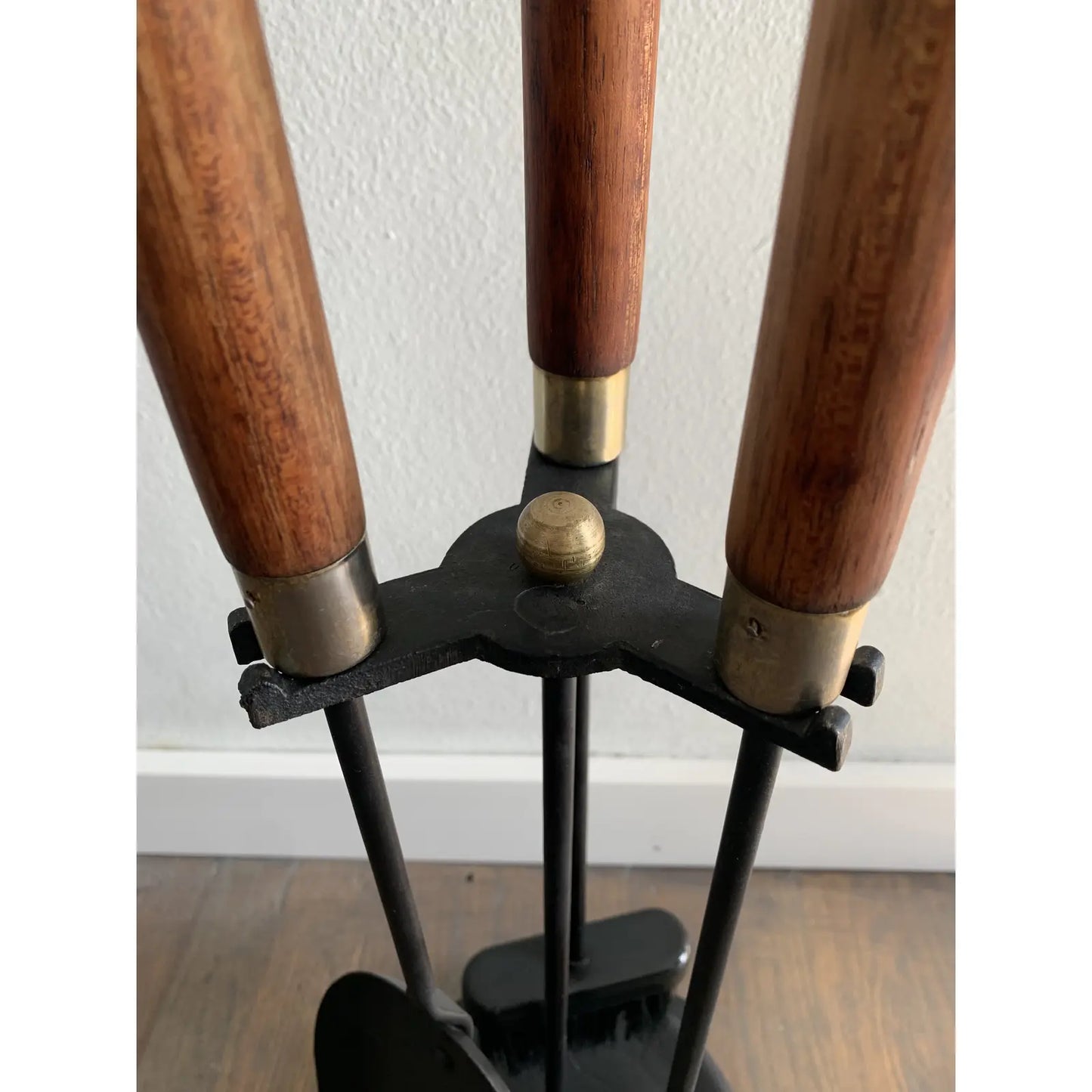 Mid-Century Modern Long Teak and Brass Handled Fireplace Tool Set - 4 Pieces