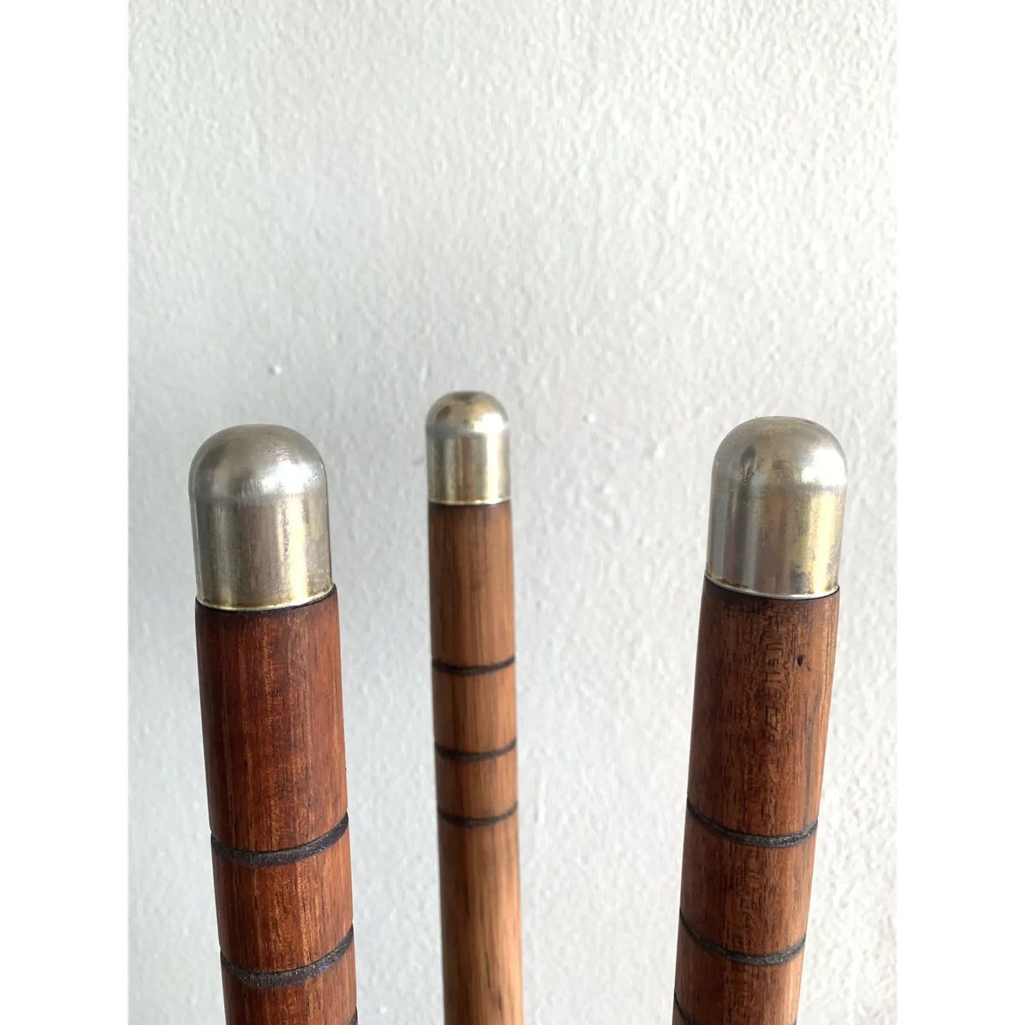 Mid-Century Modern Long Teak and Brass Handled Fireplace Tool Set - 4 Pieces