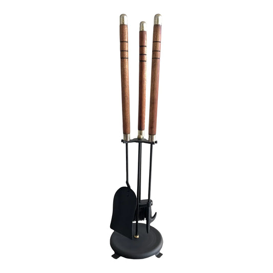 Mid-Century Modern Long Teak and Brass Handled Fireplace Tool Set - 4 Pieces