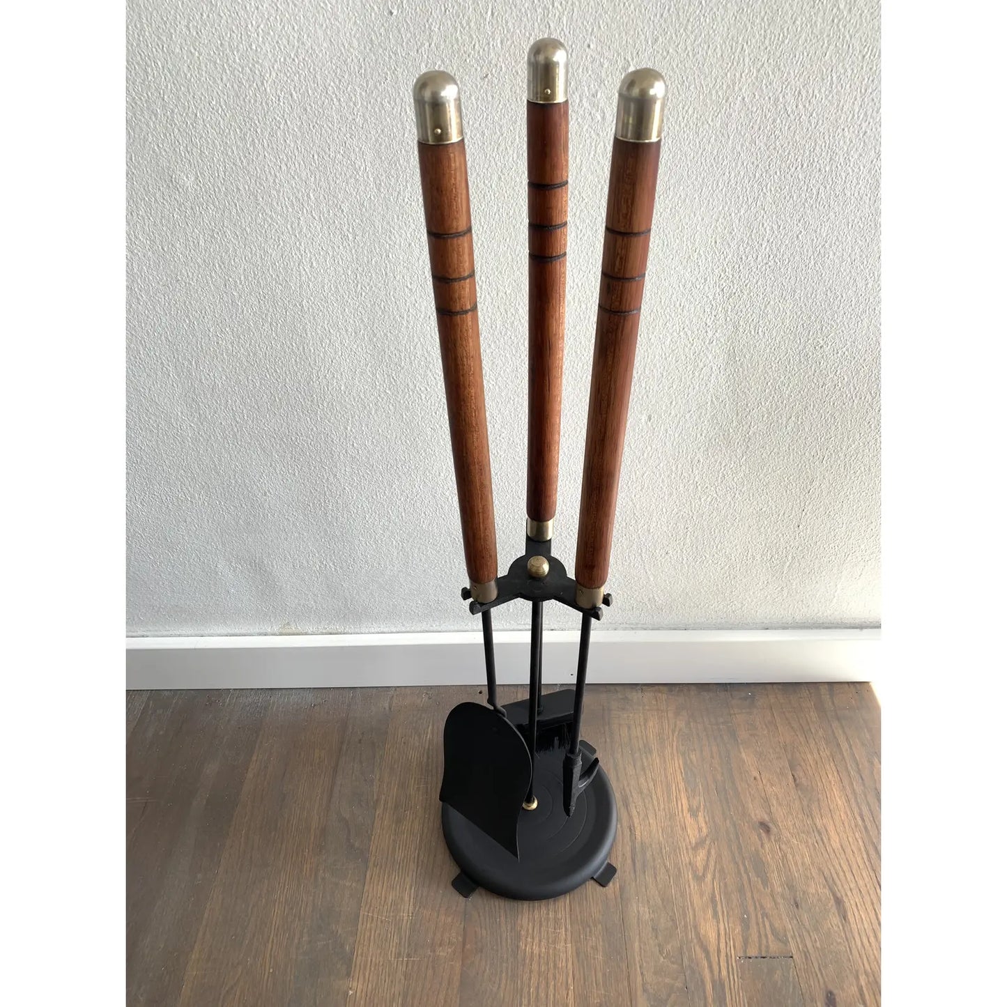 Mid-Century Modern Long Teak and Brass Handled Fireplace Tool Set - 4 Pieces