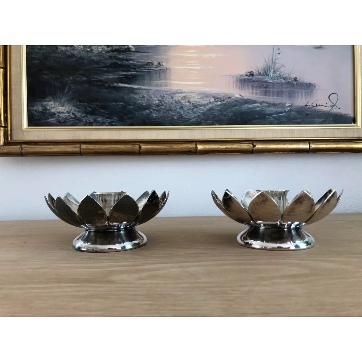 Mid-Century Modern Reed & Barton Lotus Flower Silverplate Candle Holders - a Pair