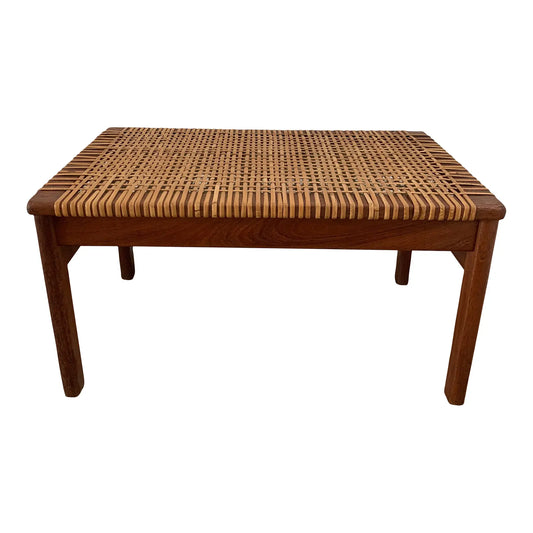 Mid-Century Modern Solid Teak Wood Bench With Original Caning