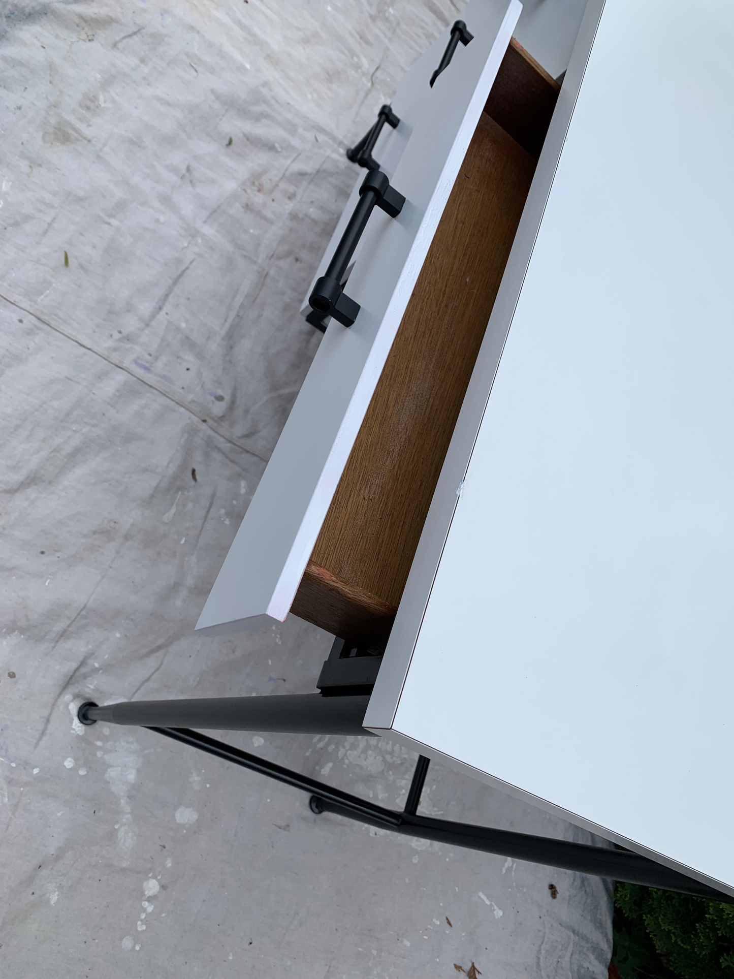 Mid Century Modern Vista of California Writing Desk With White Laminate Top and Black Steel Frame