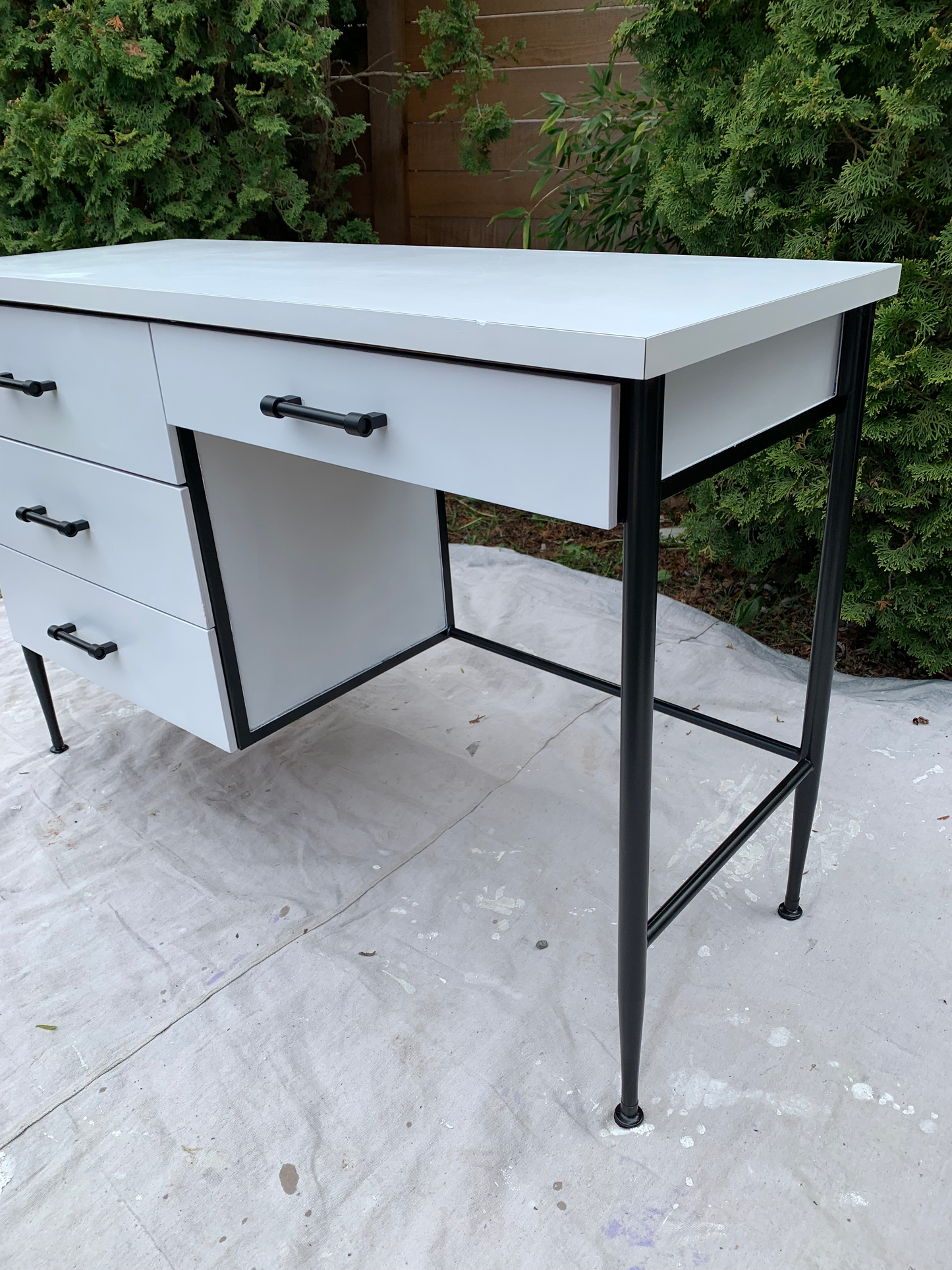 Mid Century Modern Vista of California Writing Desk With White Laminate Top and Black Steel Frame