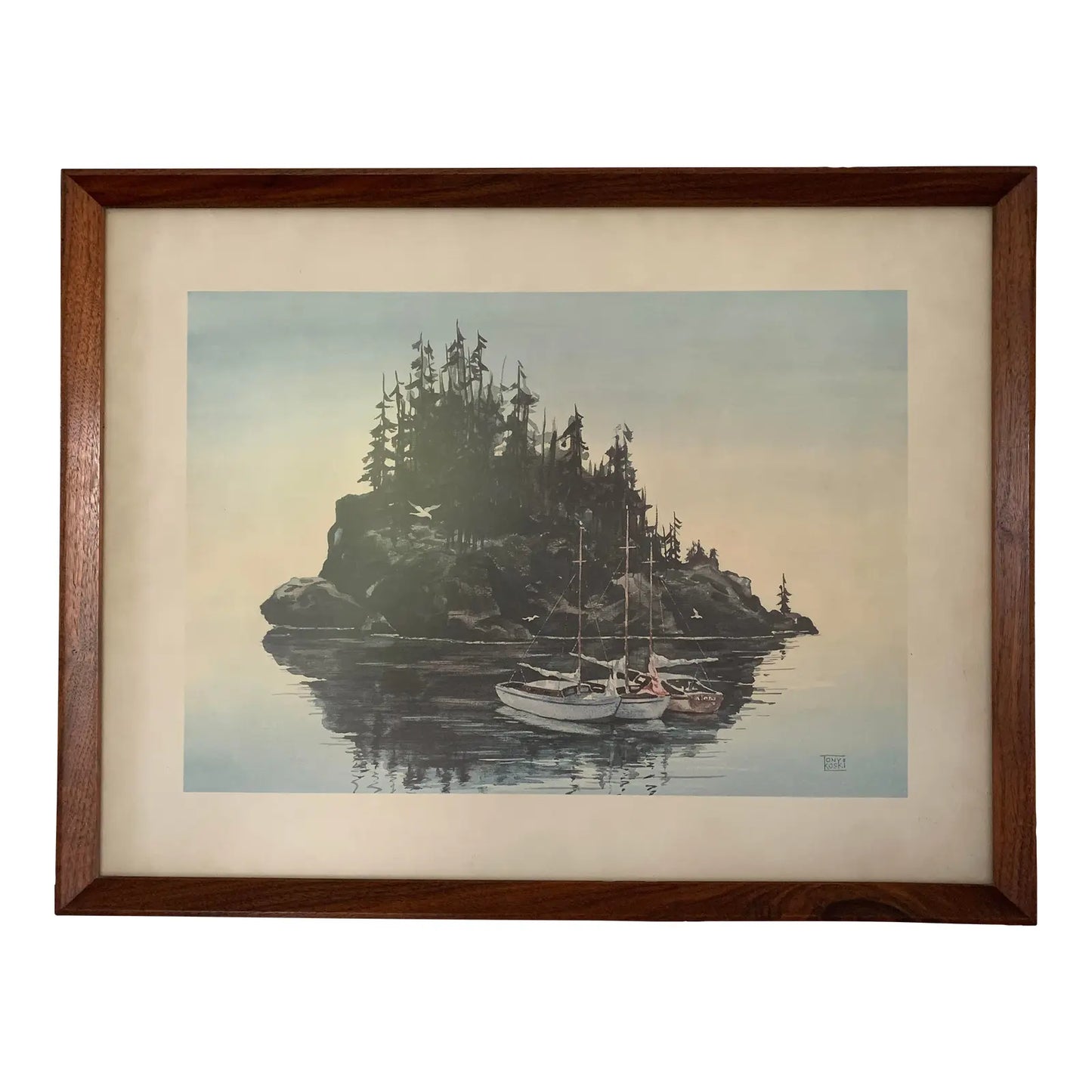 Mid-Century Modern Walnut Framed Coastal Lithograph Art of Island and Small Boats, Signed by Artist Tony Koski