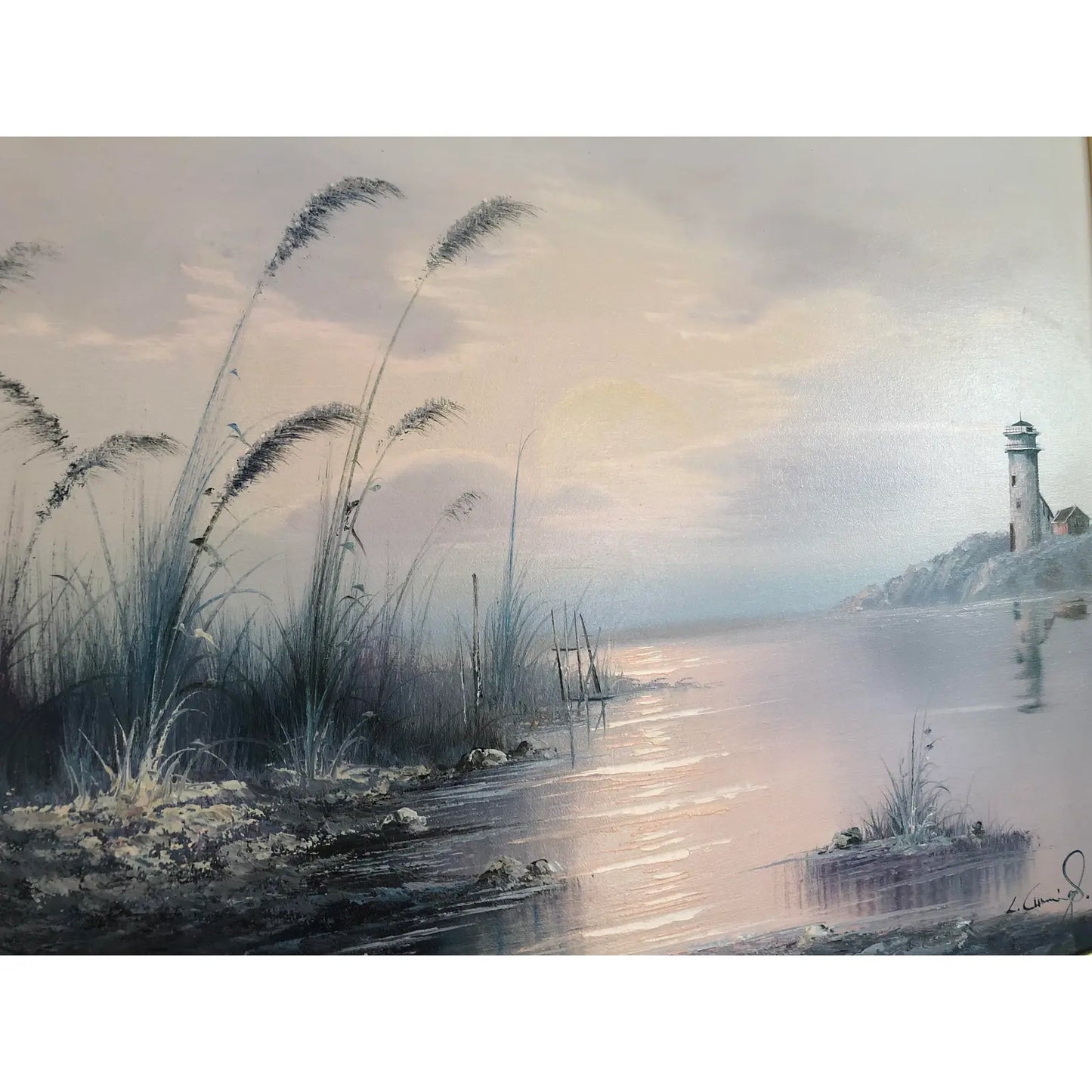 Nautical Seascape With Lighthouse Acrylic Painting on Canvas, Framed