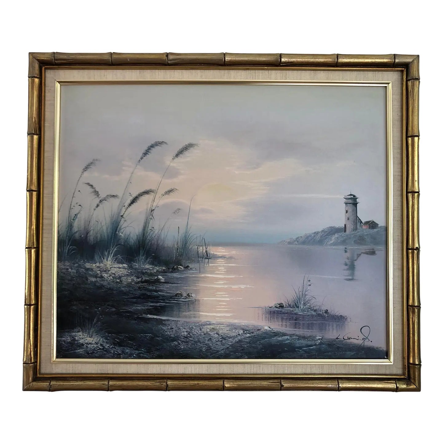 Nautical Seascape With Lighthouse Acrylic Painting on Canvas, Framed