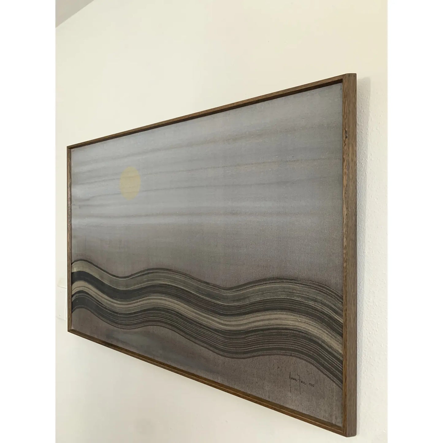 Signed 1975 Painting by James Farr Movement of River Reflecting Golden Nocturnal Moonlight