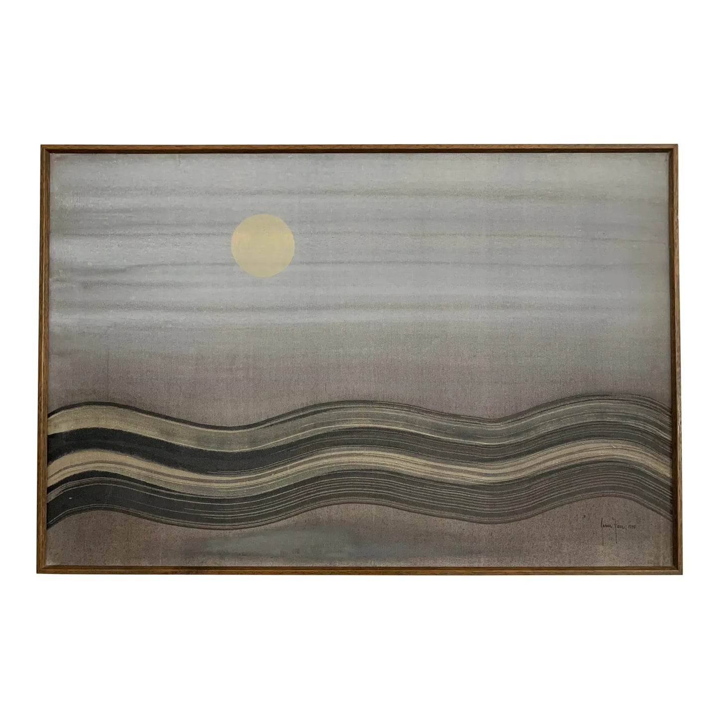 Signed 1975 Painting by James Farr Movement of River Reflecting Golden Nocturnal Moonlight