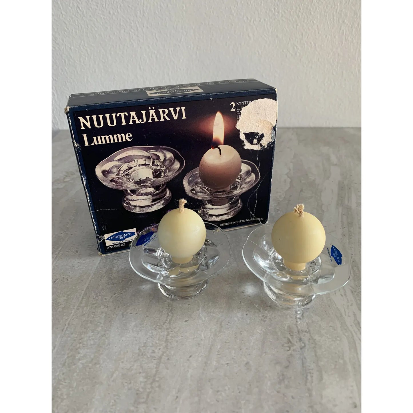 Vintage 1970s Nuutajärvi Wärtsilä Kerttu Nurminen Design Glass Candle Holders with Candles - a Pair