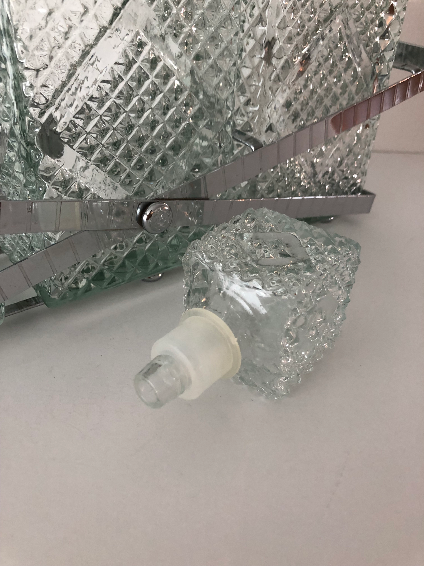 Vintage 1970s Barware Square Hollywood Regency Glass Decanter Trio in Chrome Plated Tray - Set of 3