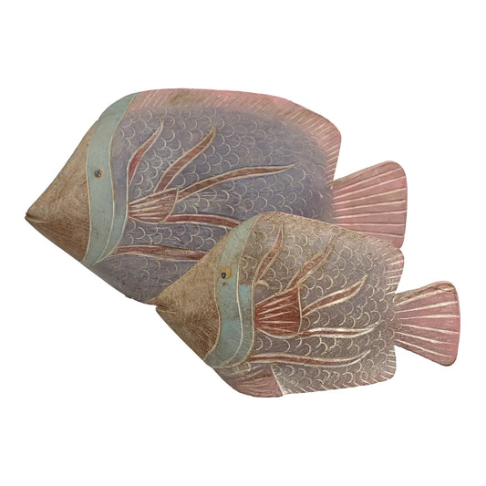 Vintage 1980s Teakwood Tropical Fish Sculptures Painted in Pastel