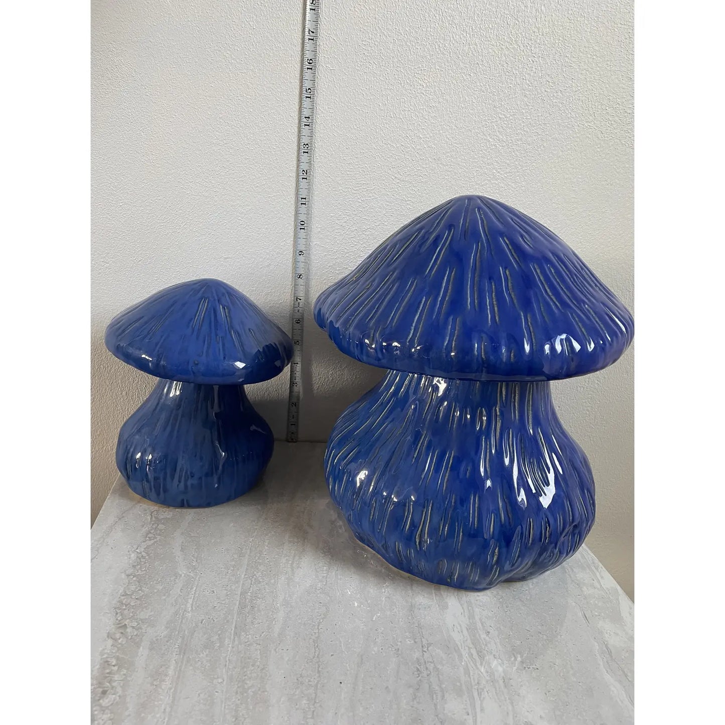 Vintage 1990s Pair of Large Cobalt Blue Glazed Ceramic Mushrooms