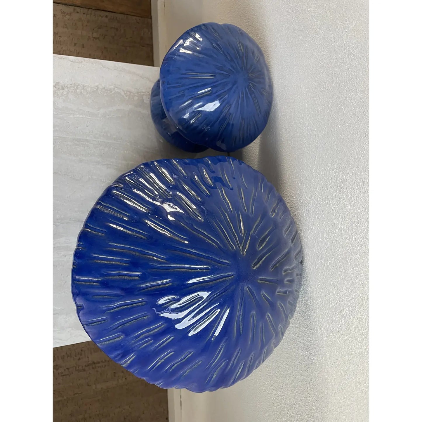 Vintage 1990s Pair of Large Cobalt Blue Glazed Ceramic Mushrooms