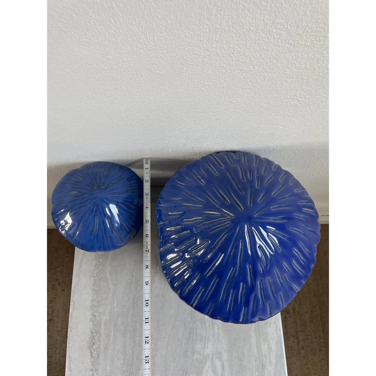 Vintage 1990s Pair of Large Cobalt Blue Glazed Ceramic Mushrooms