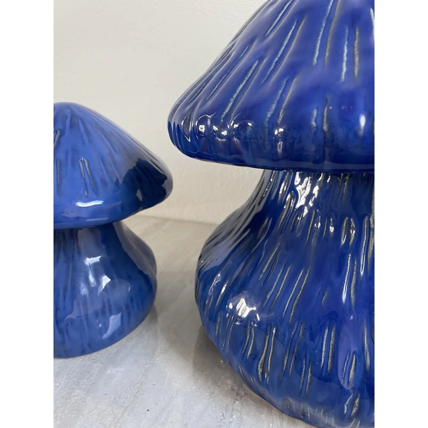 Vintage 1990s Pair of Large Cobalt Blue Glazed Ceramic Mushrooms