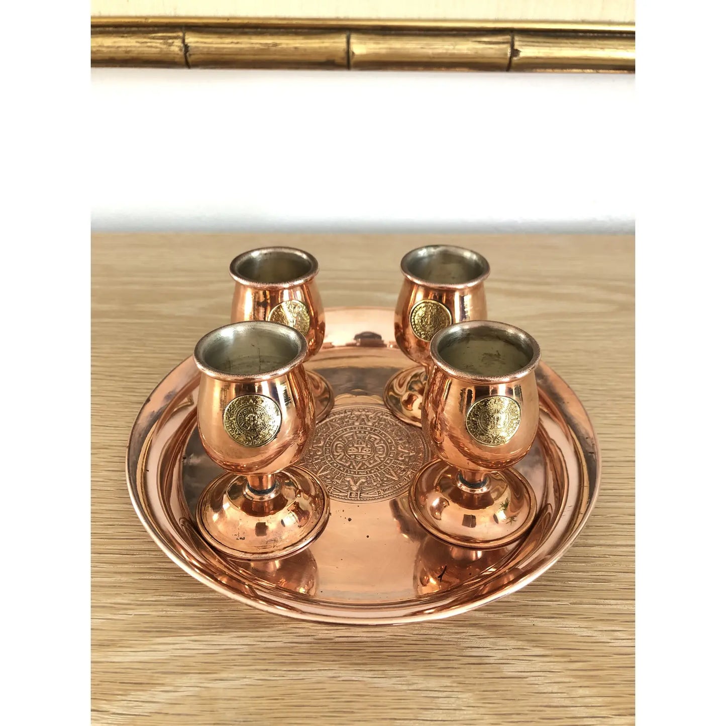 Vintage Mexican Hammered Copper and Brass Tray With Shot Glasses Set- 5 Pieces
