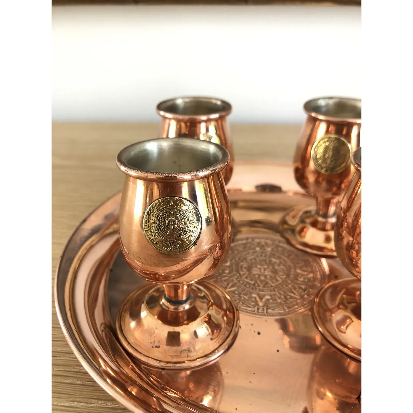 Vintage Mexican Hammered Copper and Brass Tray With Shot Glasses Set- 5 Pieces