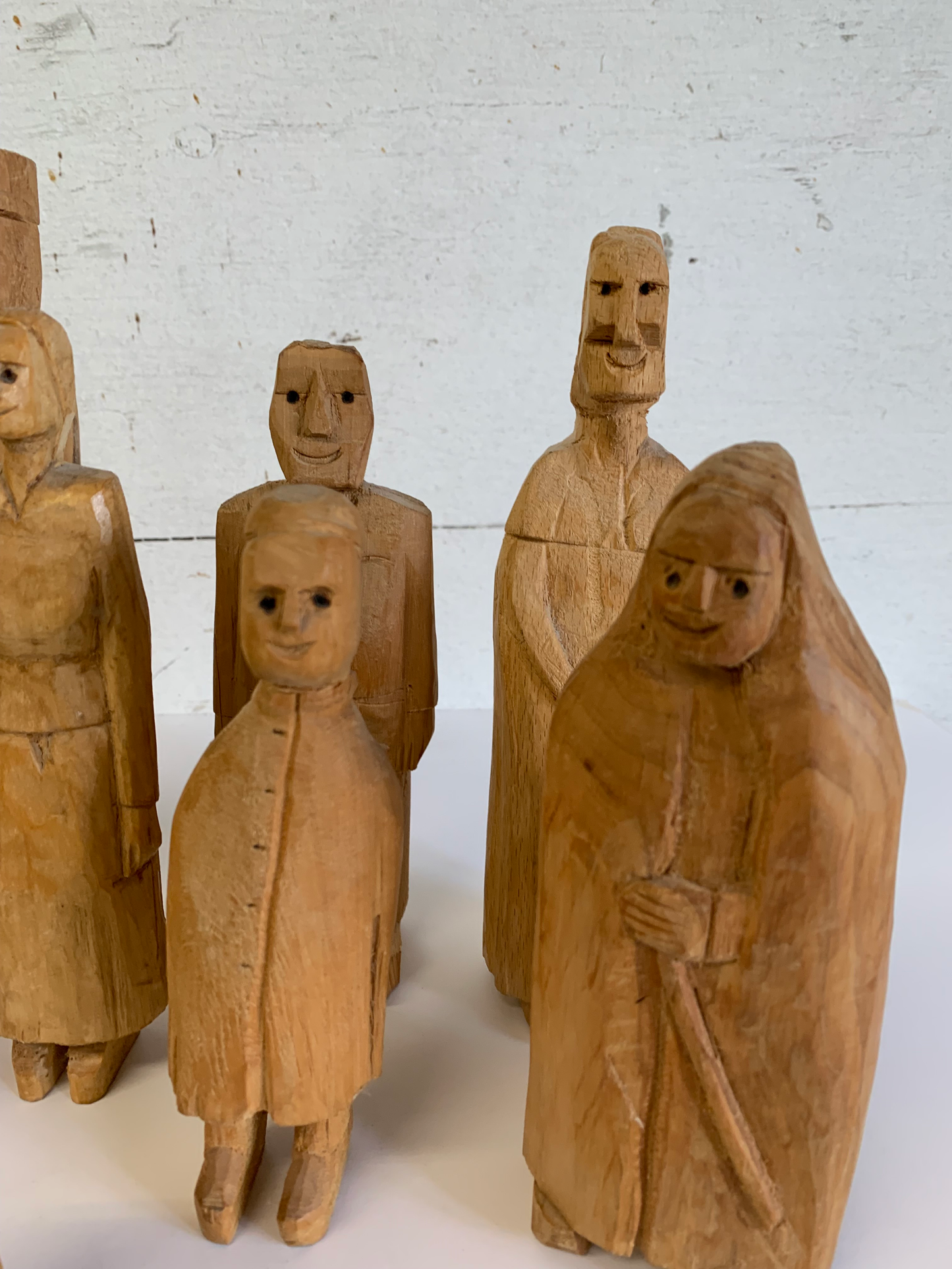 Vintage Mid 20th Century Solid Wood Folk Art Family Carved Figures, 11 Pieces