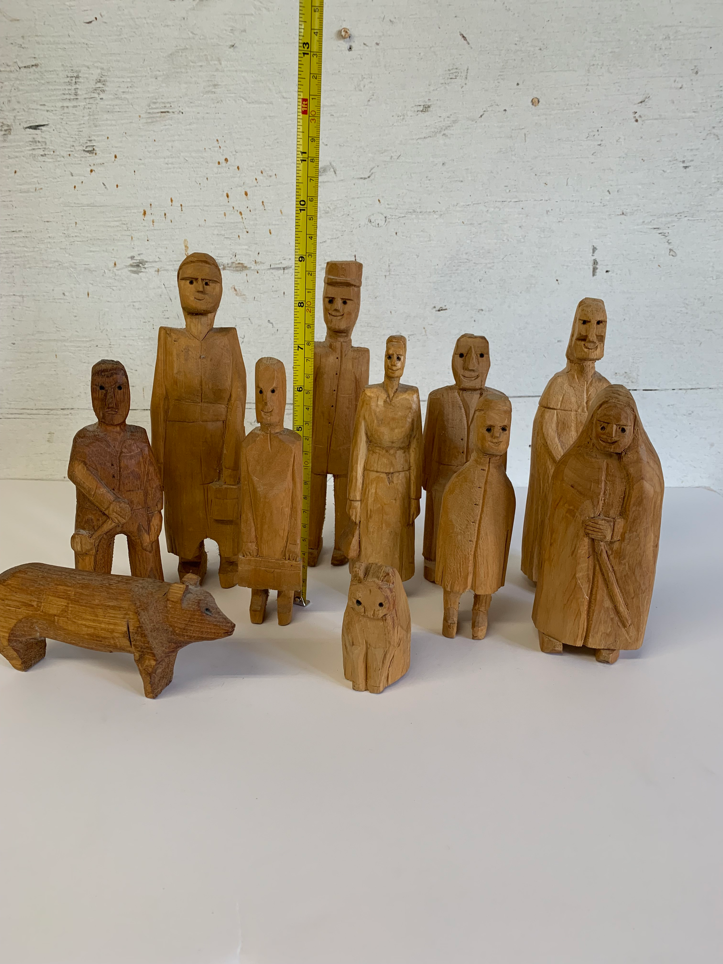 Vintage Mid 20th Century Solid Wood Folk Art Family Carved Figures, 11 Pieces