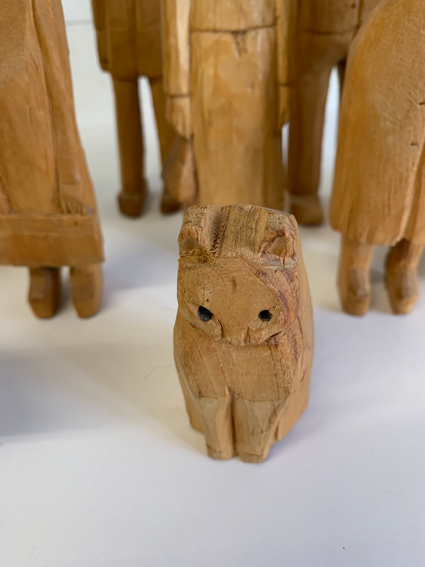 Vintage Mid 20th Century Solid Wood Folk Art Family Carved Figures, 11 Pieces