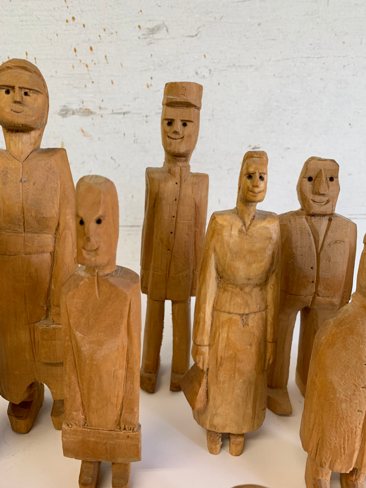 Vintage Mid 20th Century Solid Wood Folk Art Family Carved Figures, 11 Pieces