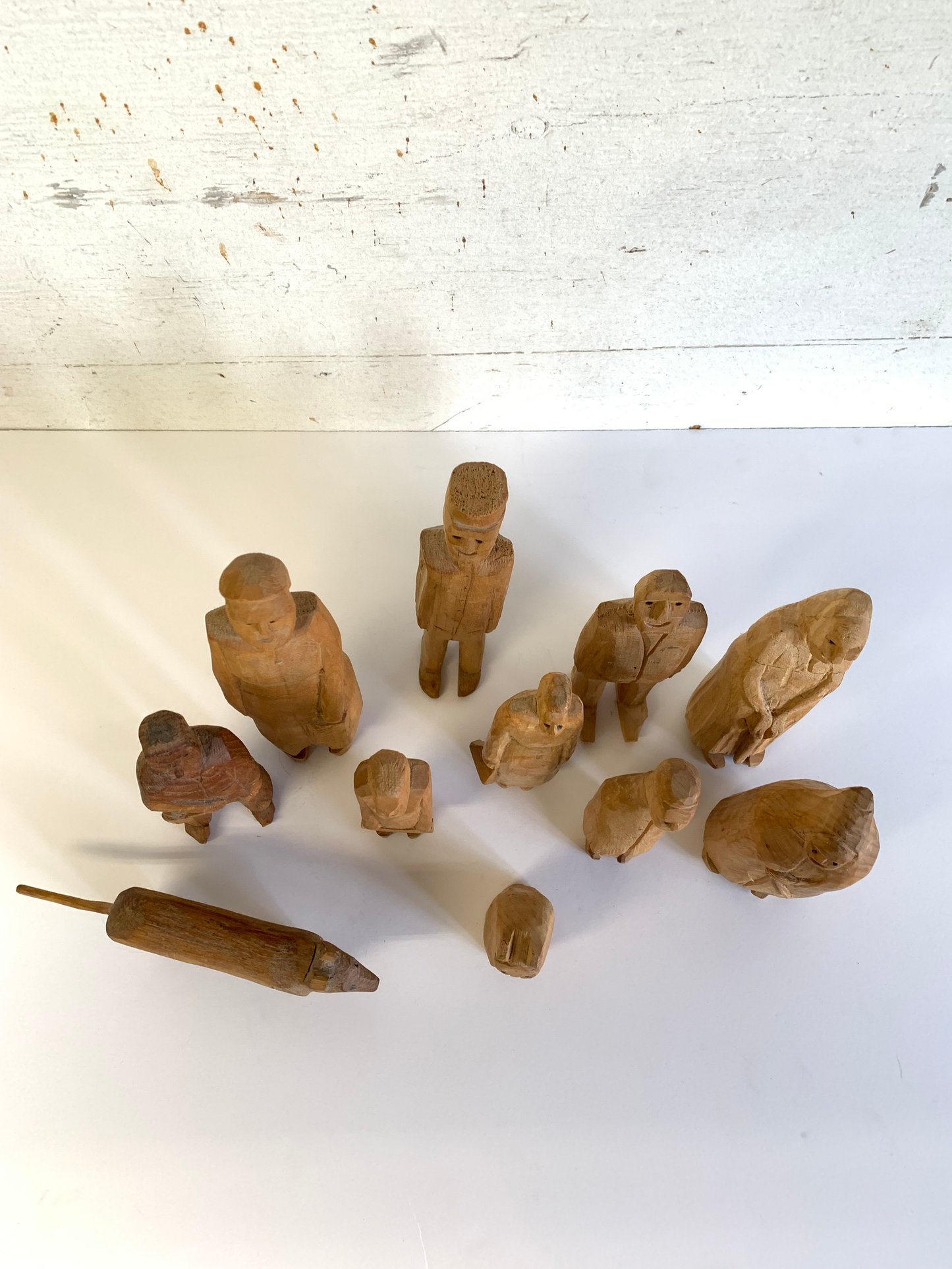 Vintage Mid 20th Century Solid Wood Folk Art Family Carved Figures, 11 Pieces