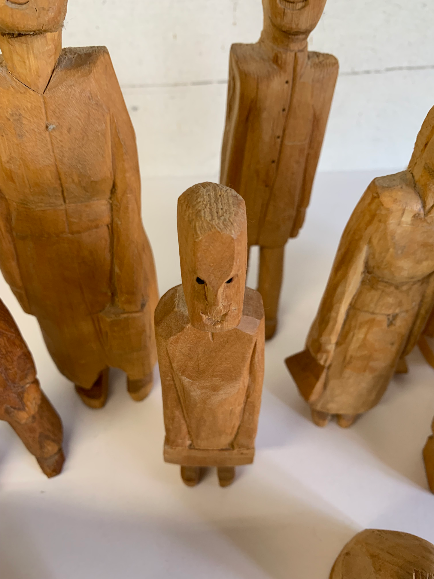 Vintage Mid 20th Century Solid Wood Folk Art Family Carved Figures, 11 Pieces