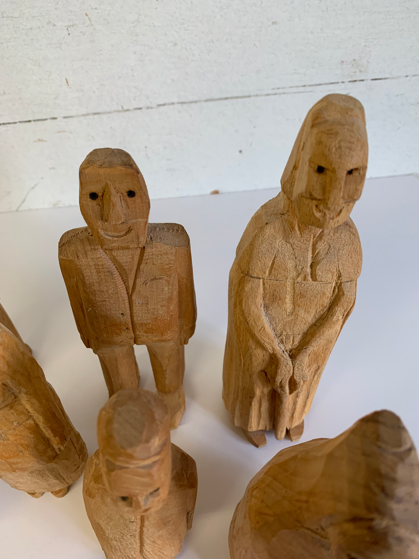 Vintage Mid 20th Century Solid Wood Folk Art Family Carved Figures, 11 Pieces