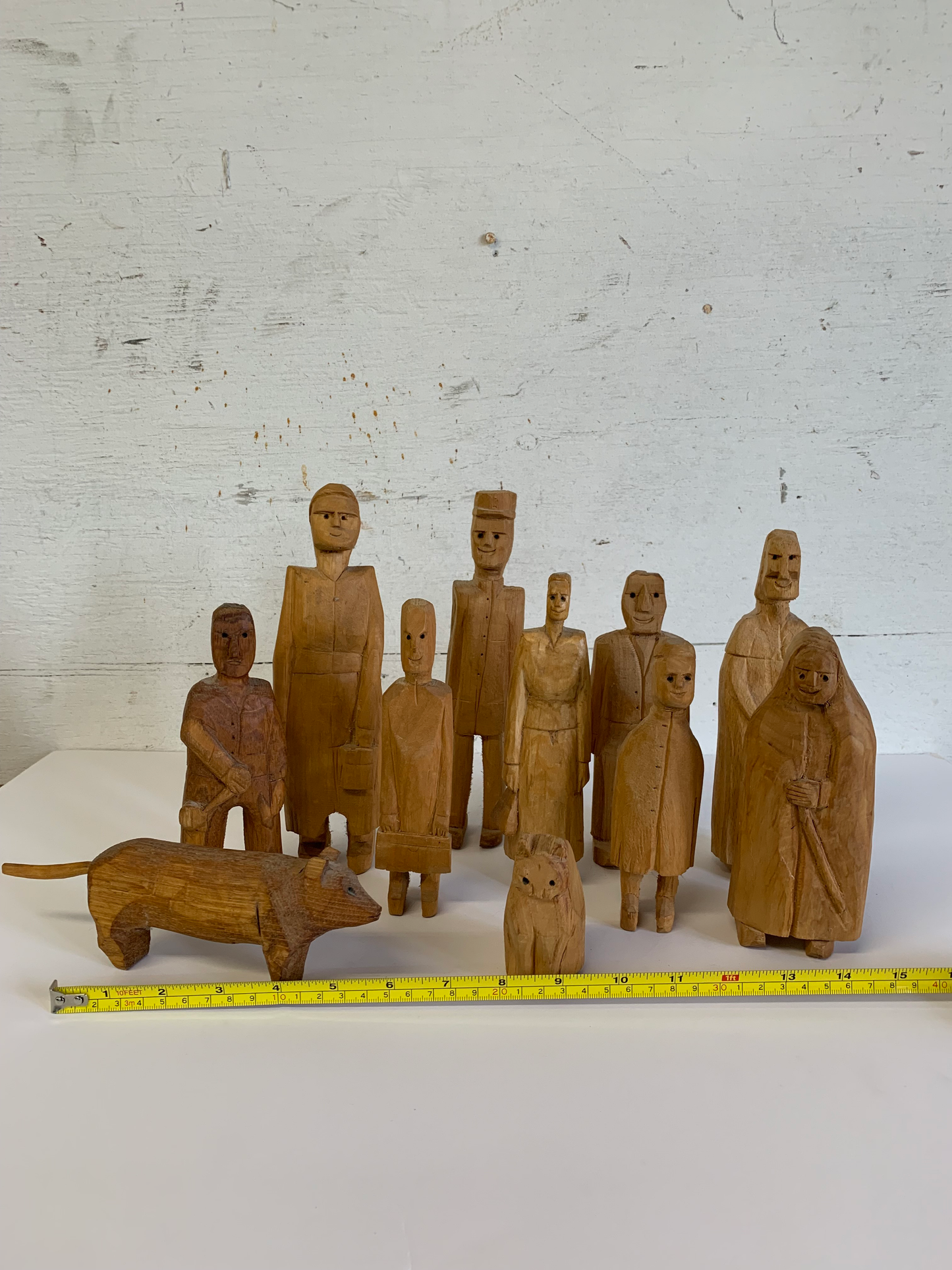 Vintage Mid 20th Century Solid Wood Folk Art Family Carved Figures, 11 Pieces