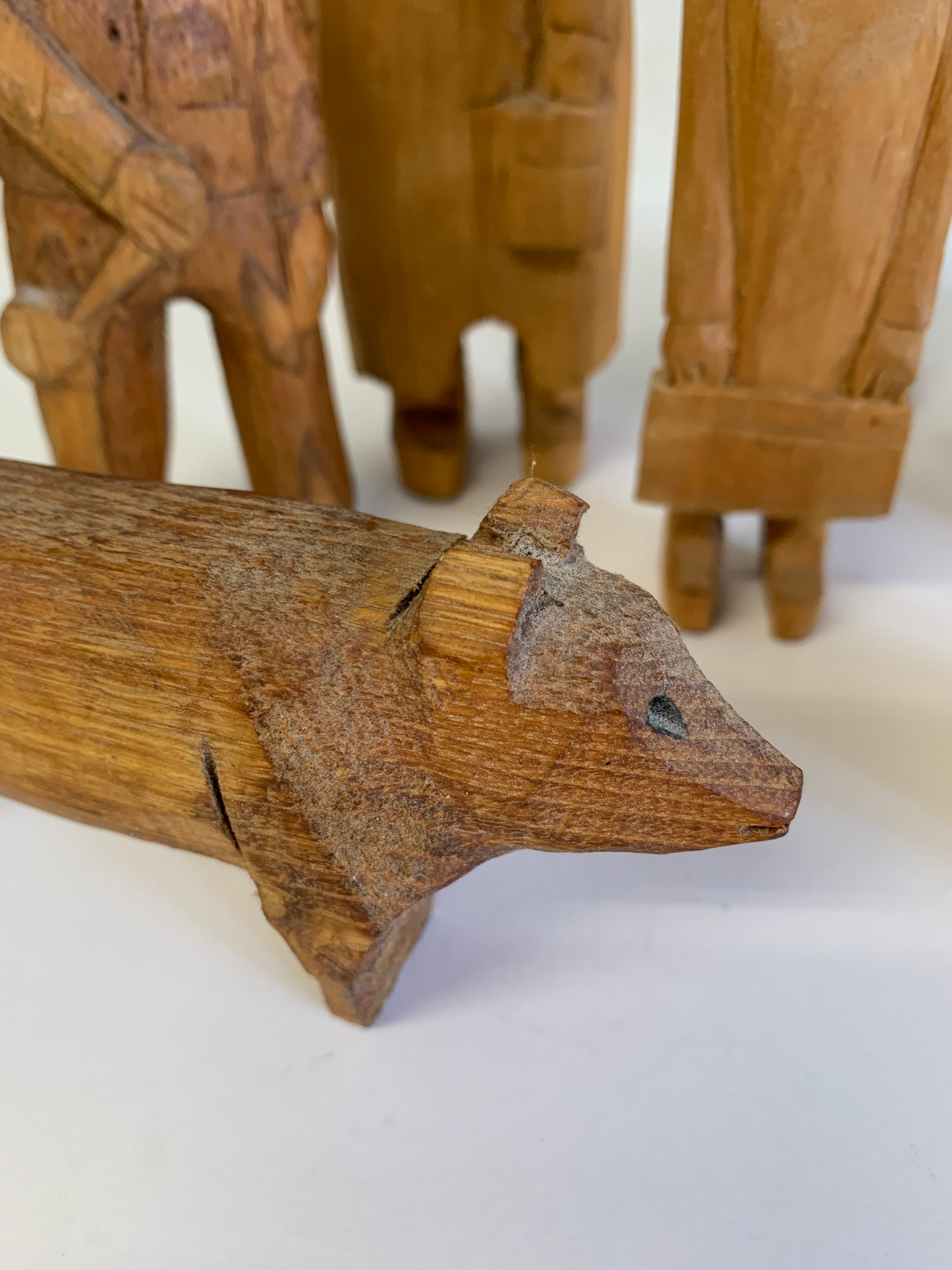 Vintage Mid 20th Century Solid Wood Folk Art Family Carved Figures, 11 Pieces