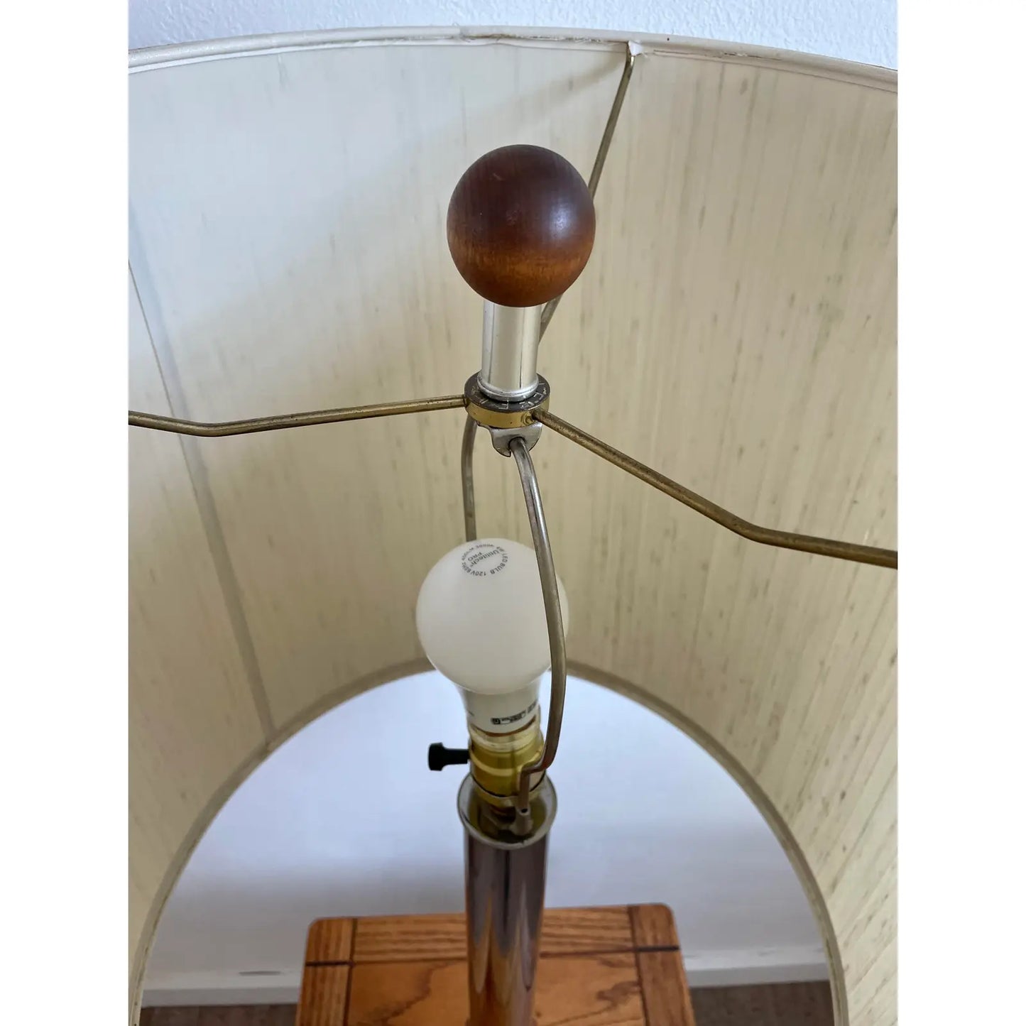 Vintage Mid 20th Century Stiffel Oak and Chrome Floor Lamp With Square Table Top