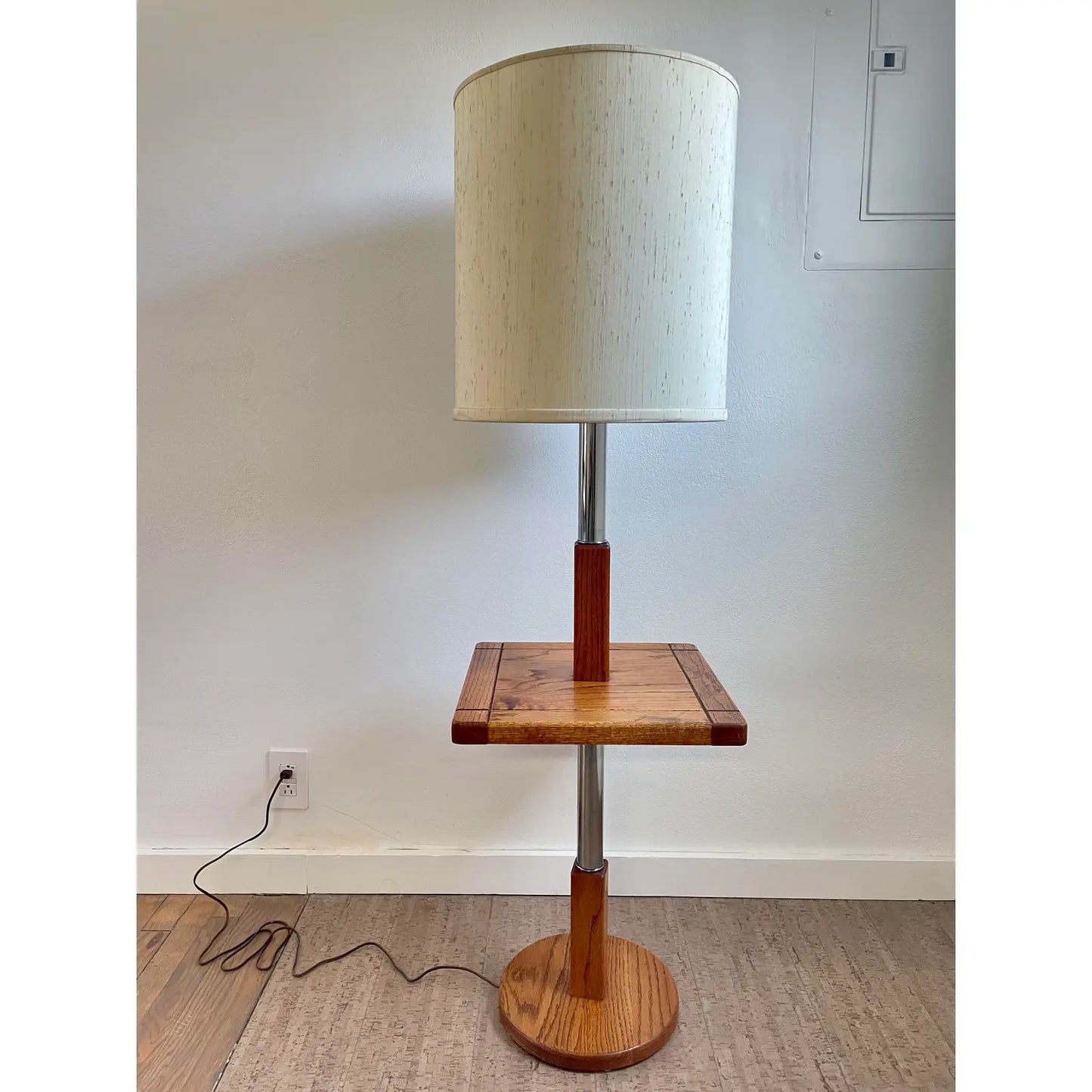 Vintage Mid 20th Century Stiffel Oak and Chrome Floor Lamp With Square Table Top