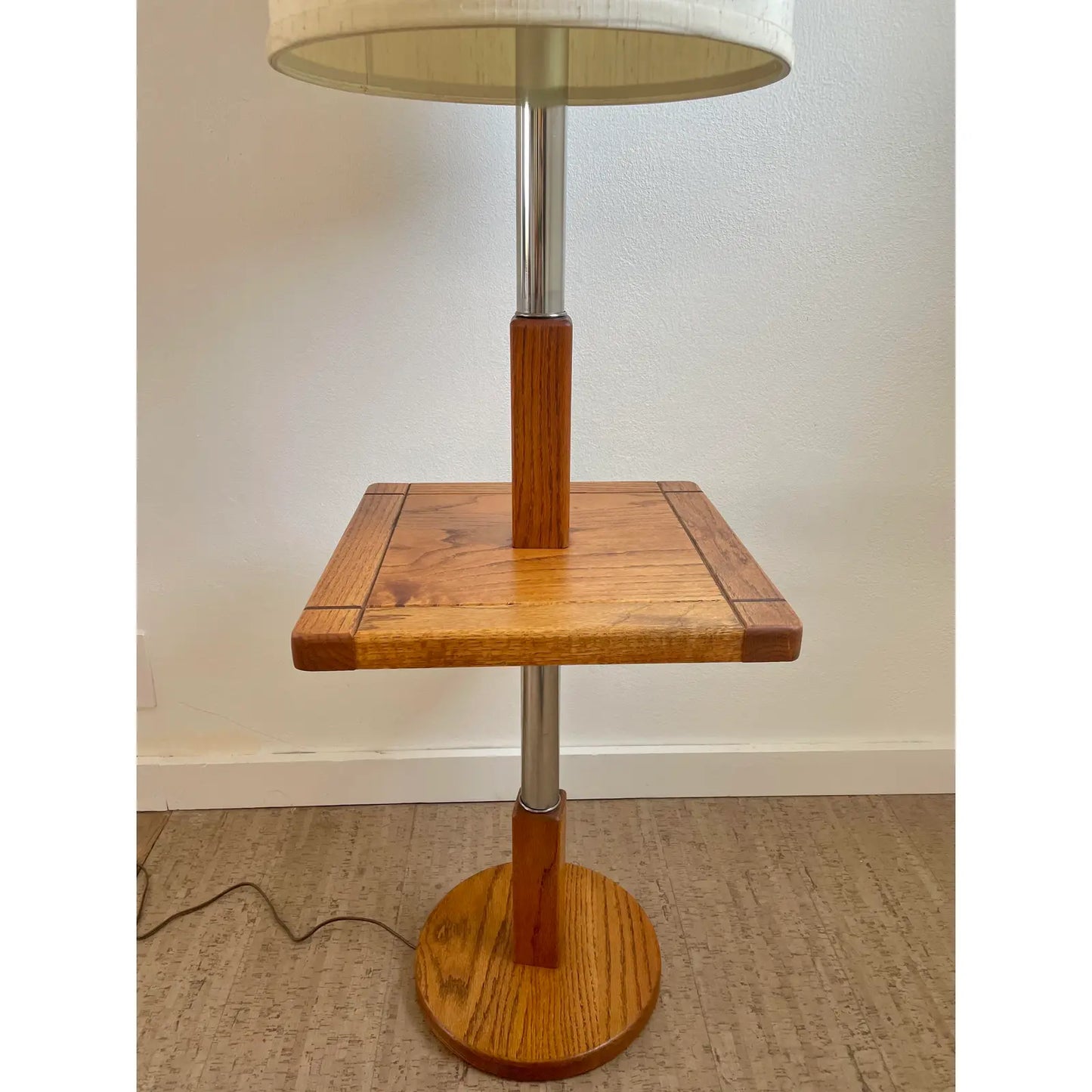 Vintage Mid 20th Century Stiffel Oak and Chrome Floor Lamp With Square Table Top