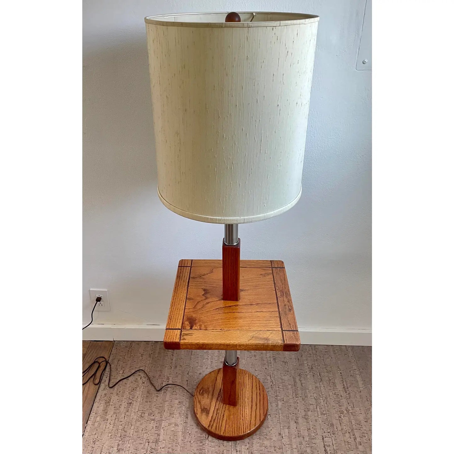 Vintage Mid 20th Century Stiffel Oak and Chrome Floor Lamp With Square Table Top