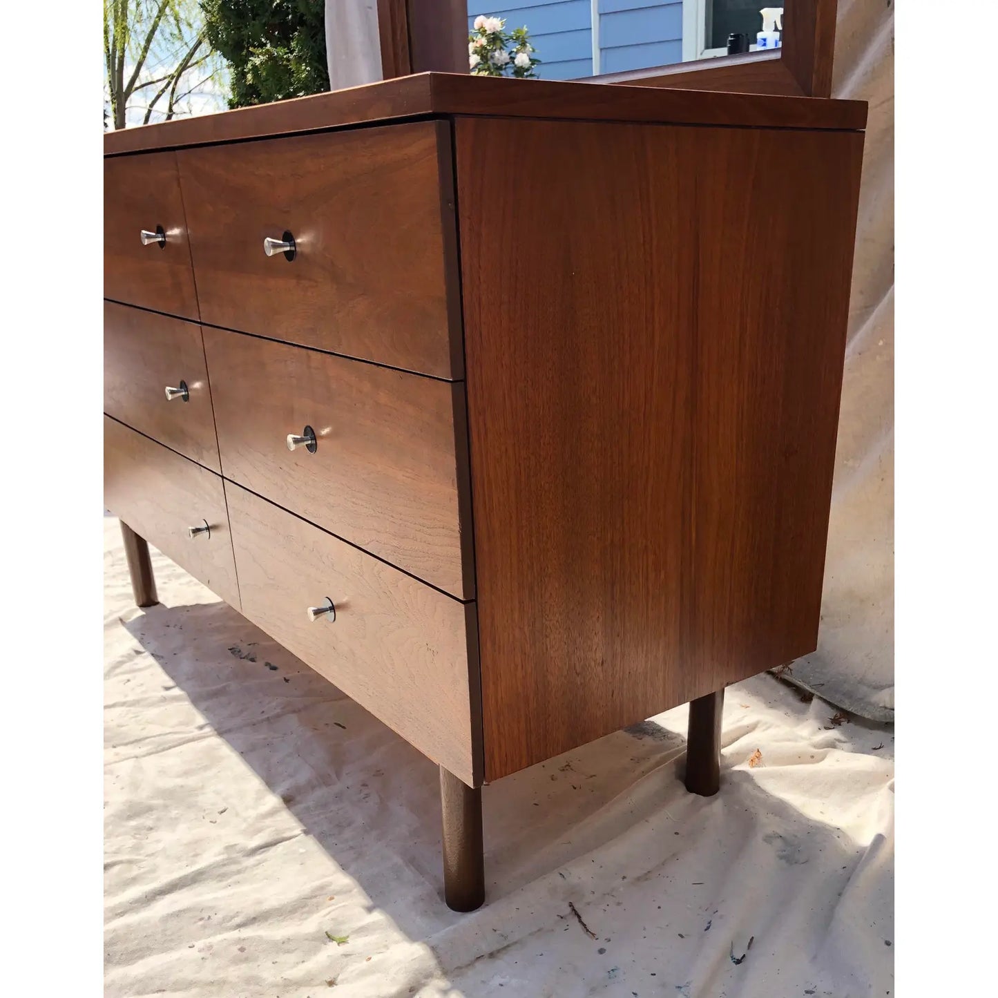 Walnut Mid-Century Modern Dresser and Mirror Set by Stanley Furniture